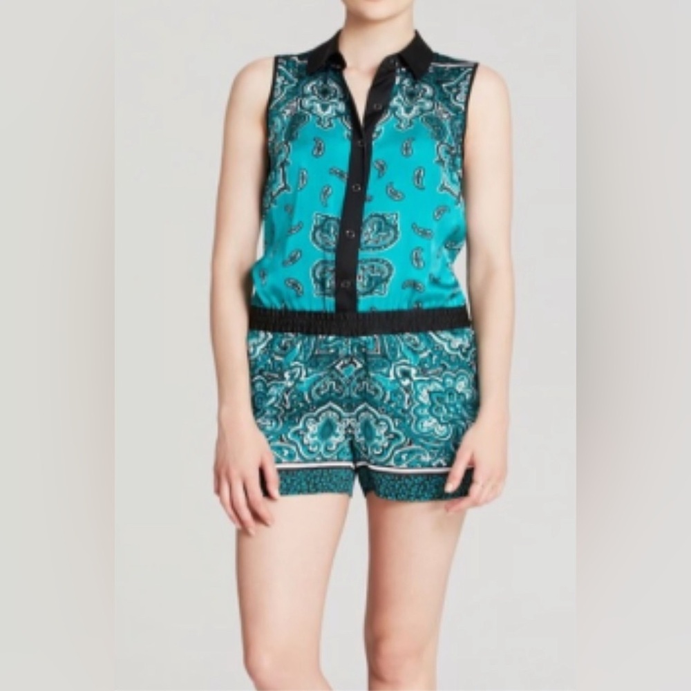 Michael Kors Green Paisley Bandana Romper Sleeveless Button Up Collared Womens S